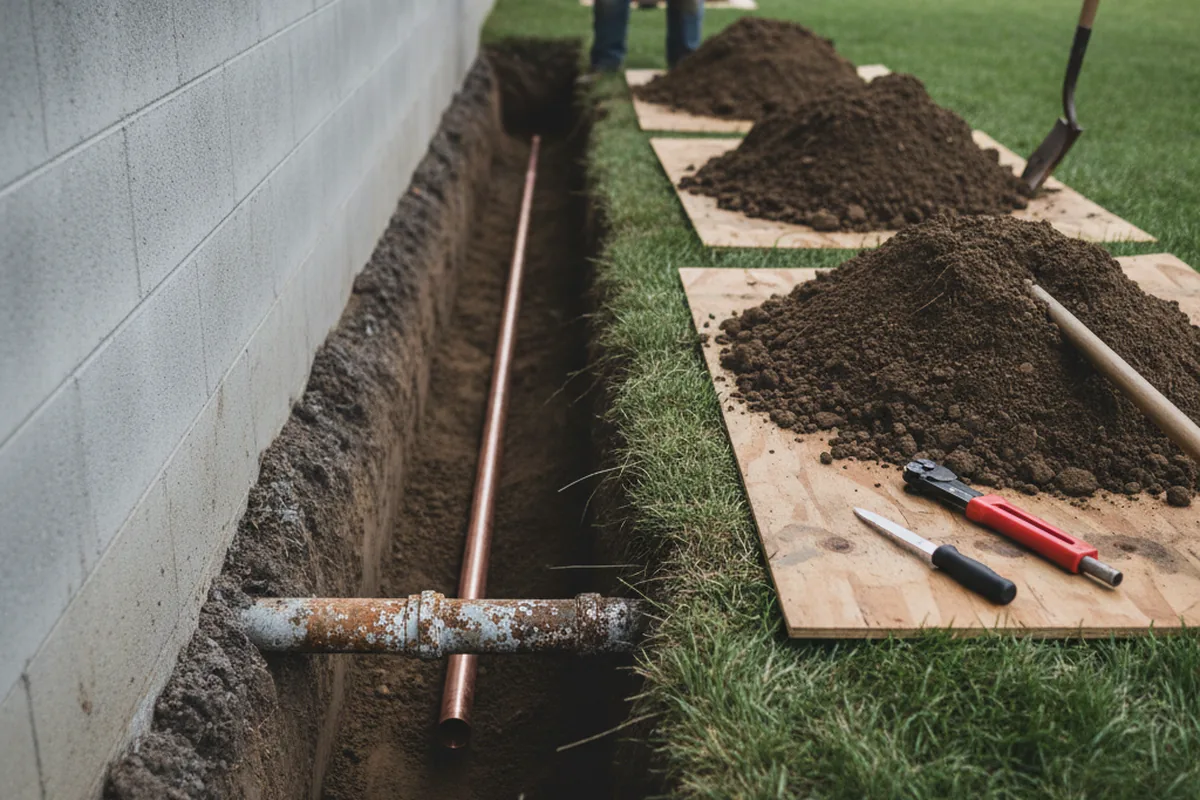 Excavated water line trench during Water Heater Repair in Virden